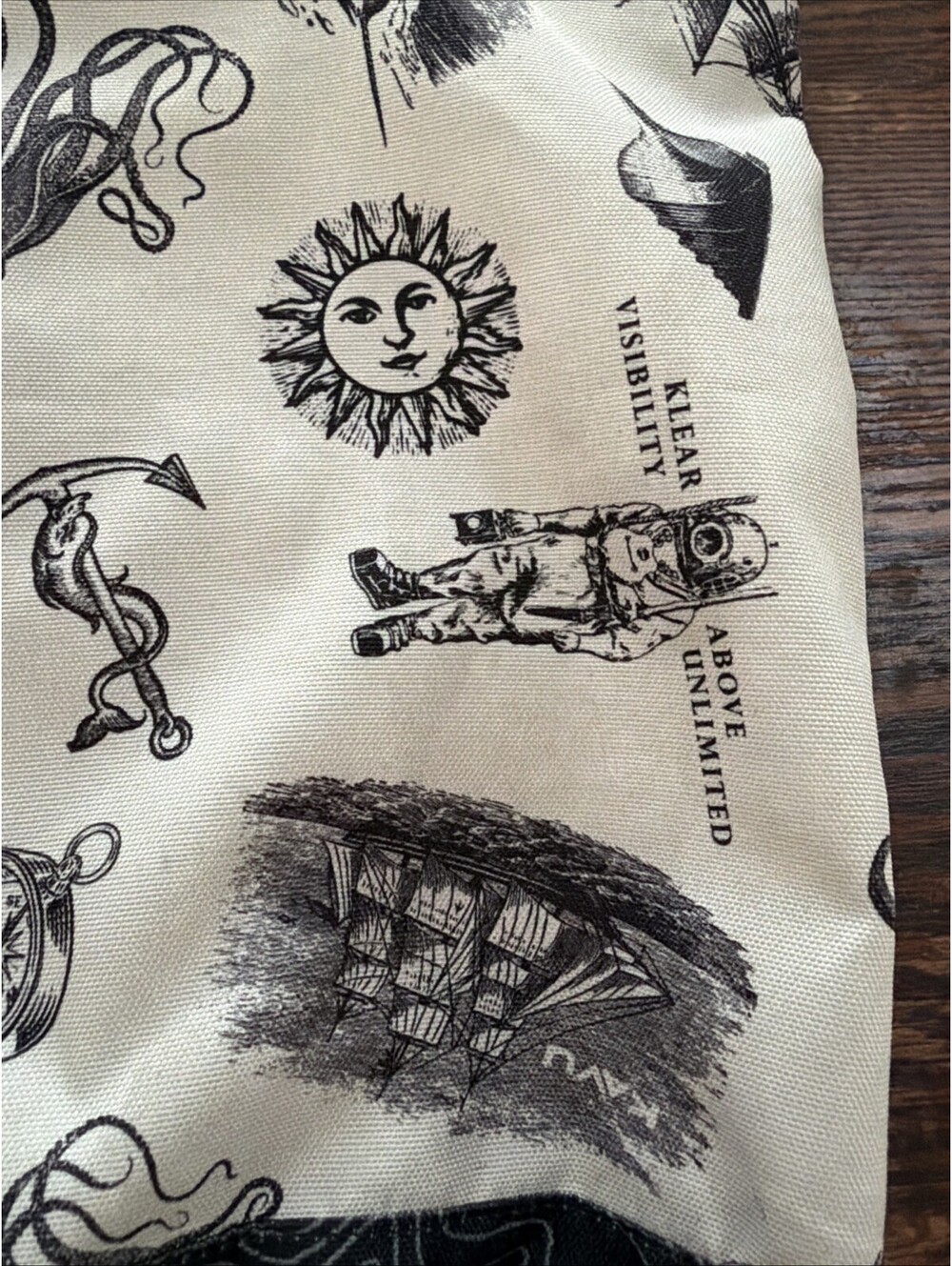 Kavu Rope Market Bag Black & Beige Mixed Print Nautical Ships Octopus Sun - Picture 5 of 11